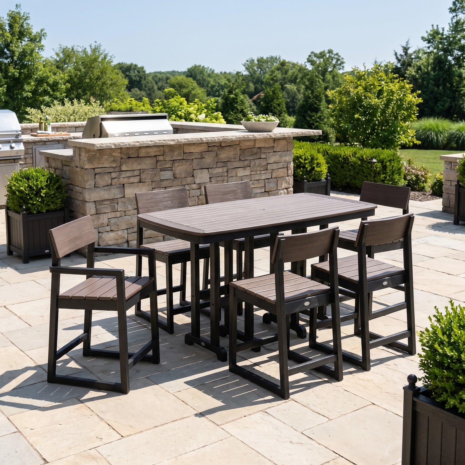 Polywood EDGE 7-Piece Counter Set - Select Two-Tone & GenuineGrain Finishes in a Long Island backyard setting