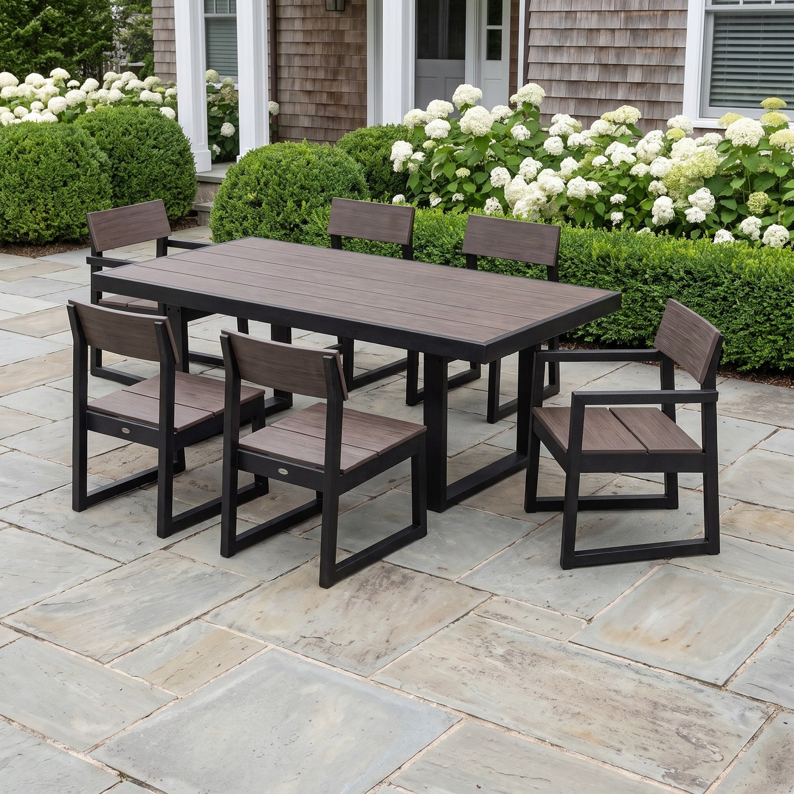 Polywood EDGE 7-Piece Dining Set - Select Two-Tone & Vintage Finishes in a Long Island backyard setting