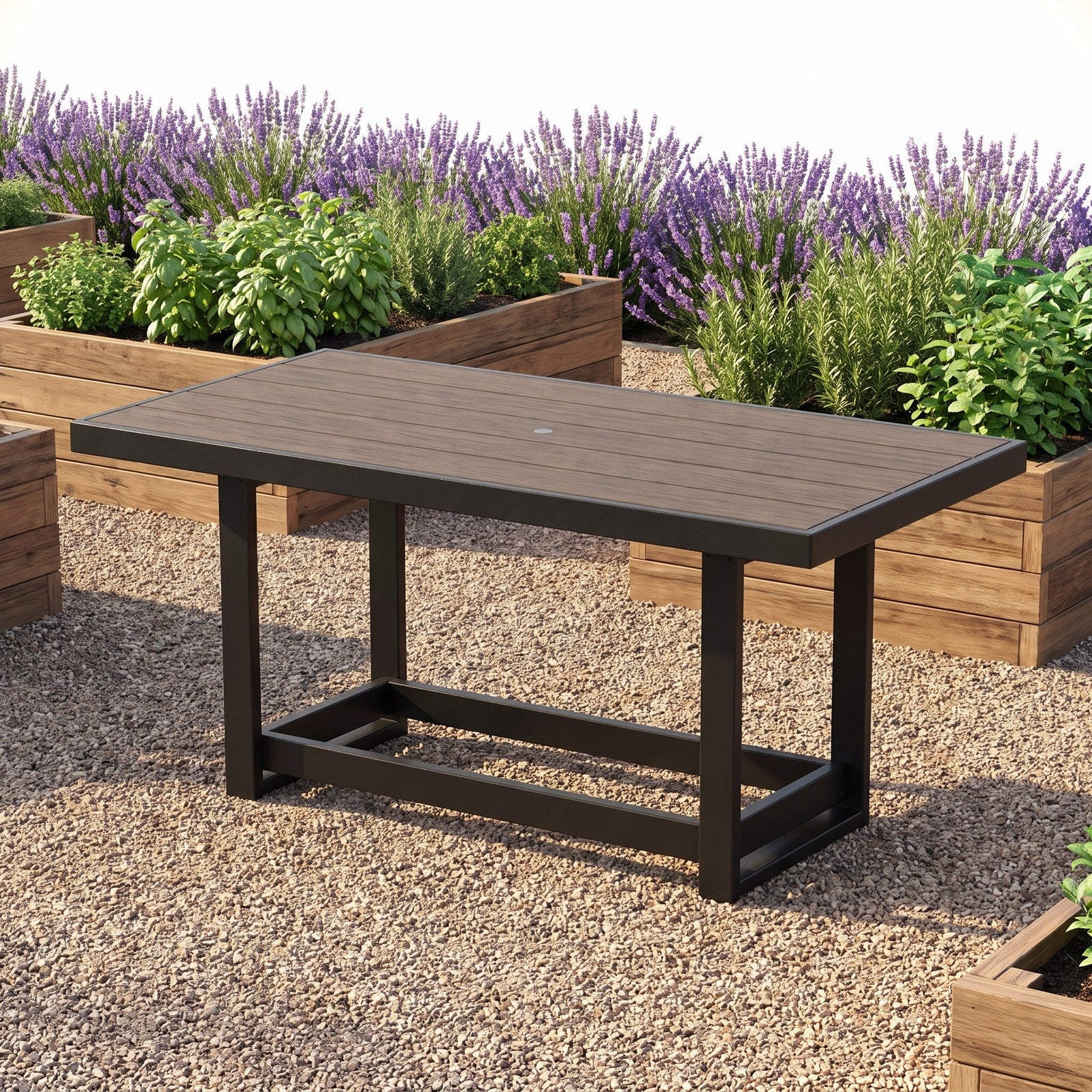 Polywood EDGE Two-Tone 78" Counter Table in a Long Island backyard setting