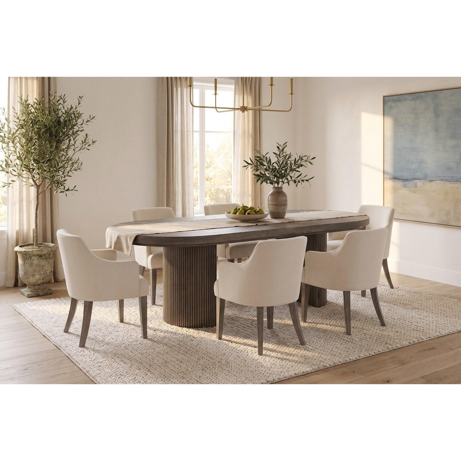 Sienna double pedestal dining table with six Sariel upholstered arm chairs