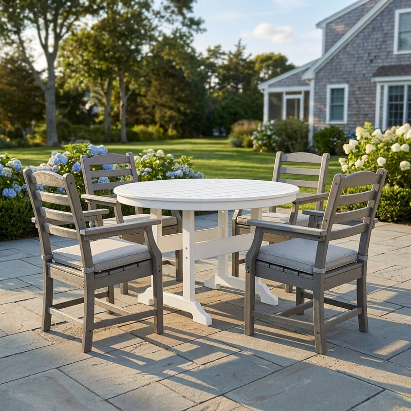 Poly White 48" Round 5pc Outdoor Dining Set with 4 grey ladder-back arm chairs