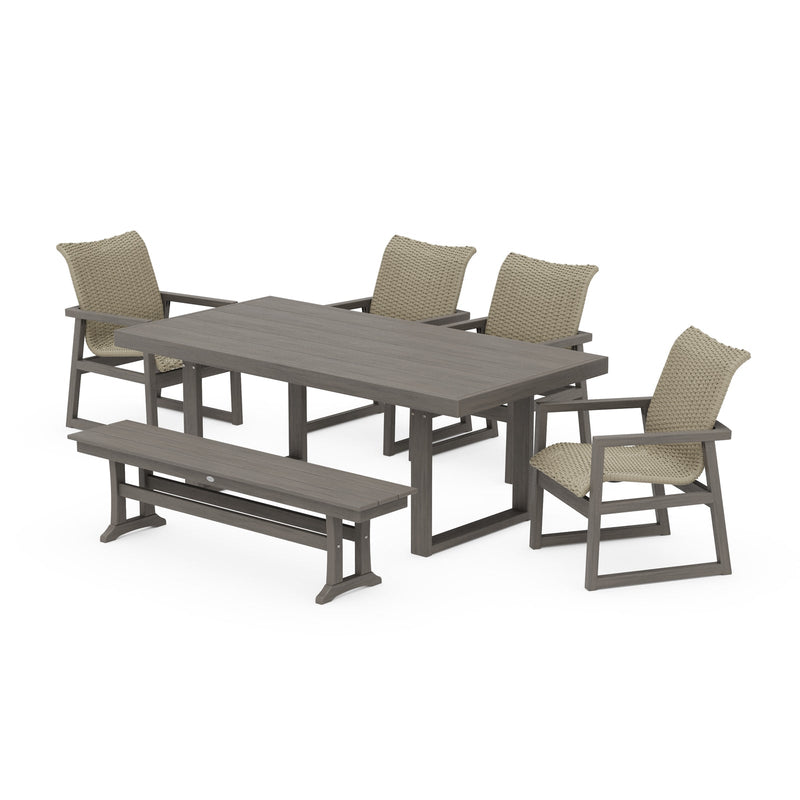 Polywood EDGE Woven 6-Piece Dining Set with Bench - Two-Tone