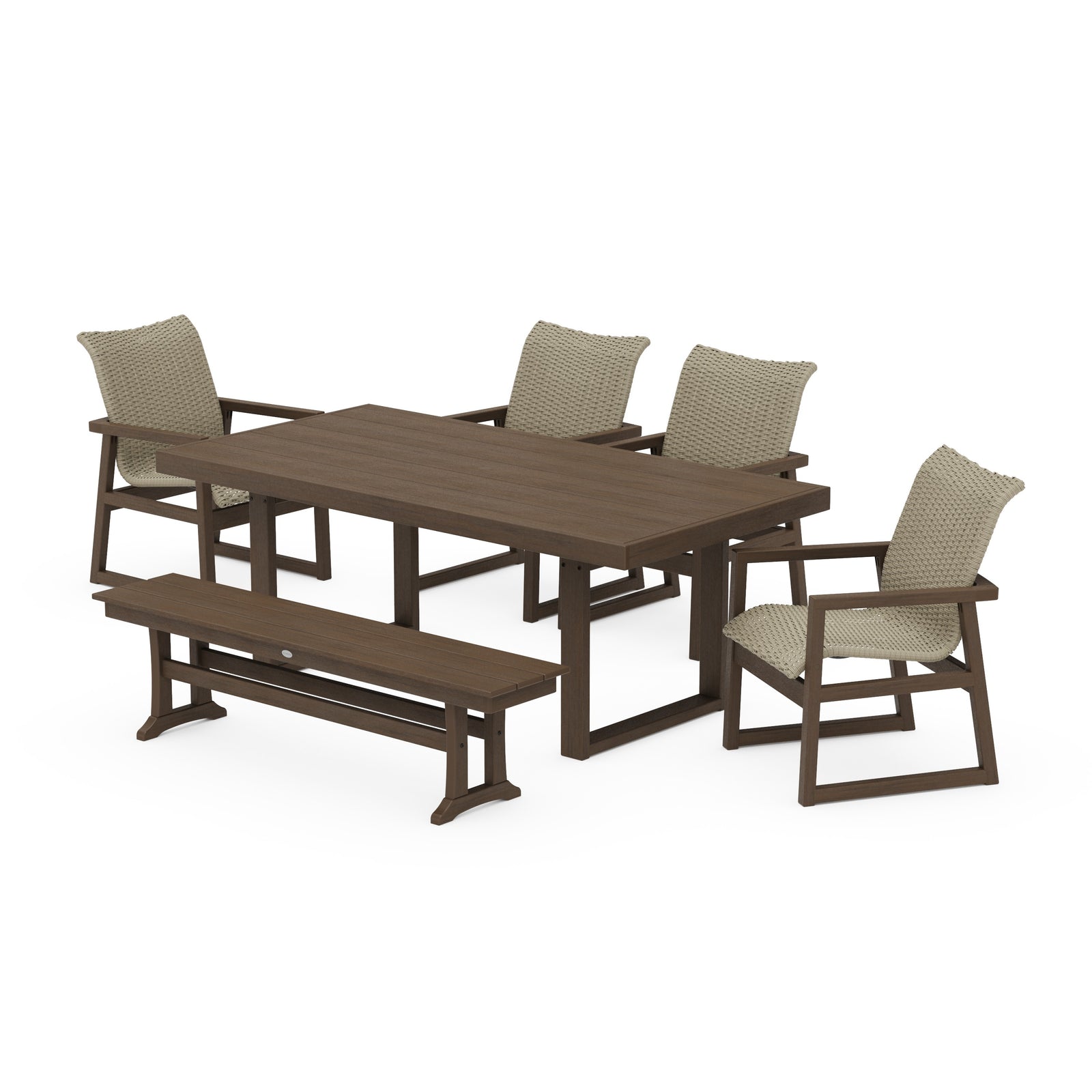 Polywood EDGE Woven 6-Piece Dining Set with Bench - Two-Tone
