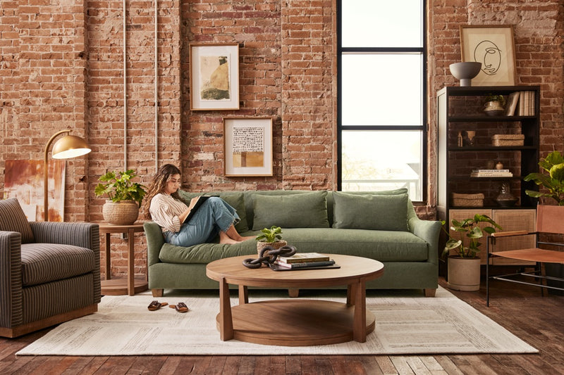 Custom Rowe sofa with a tailored slipcover in a bright living room