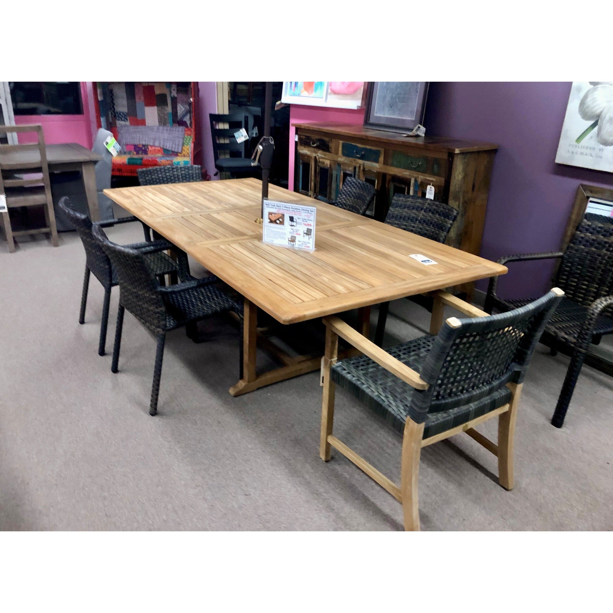 Bali Teak 7pc Outdoor Dining Set (Teak Rectangular Extendable Table 70-94&quot; with 6 Woven Sanur Armchairs)