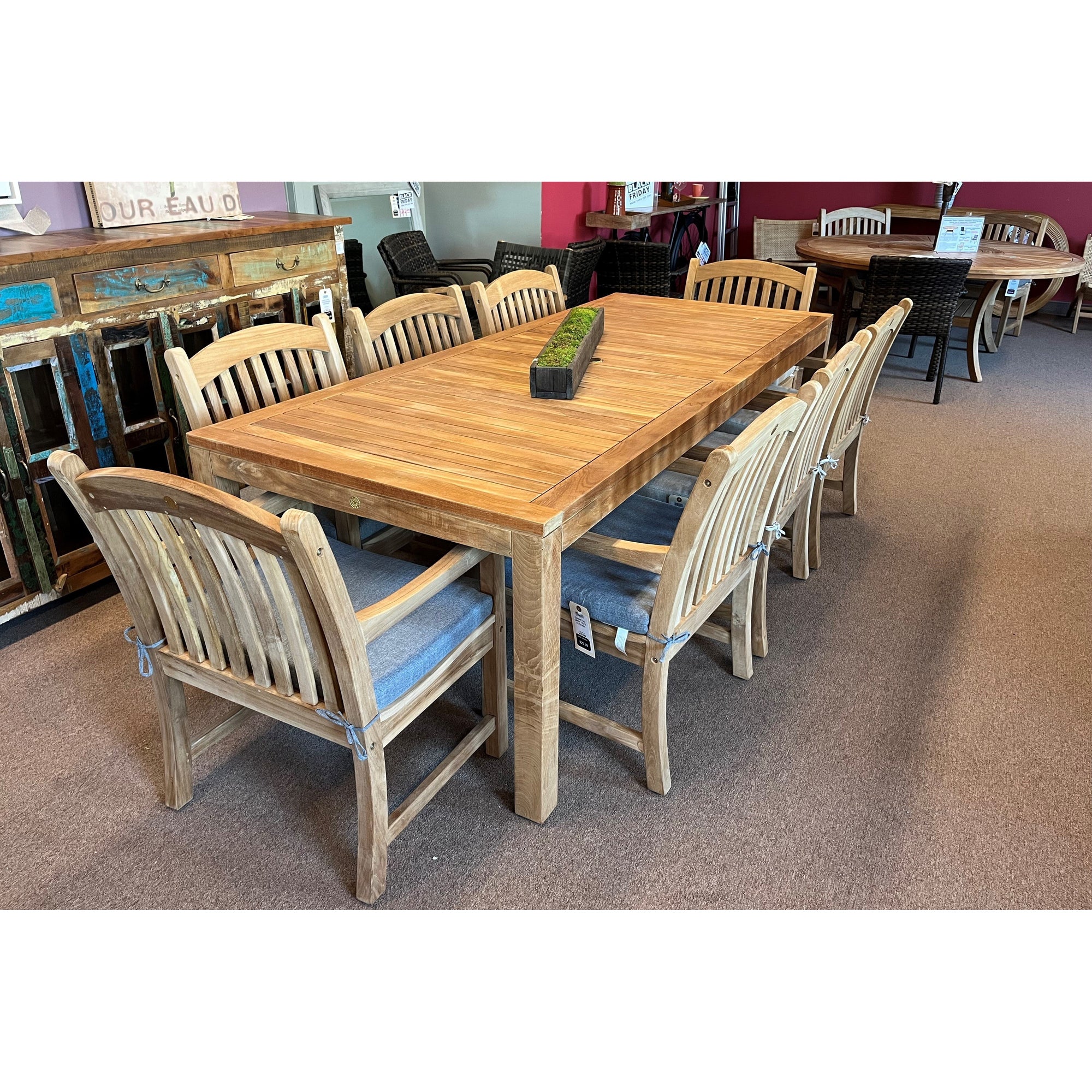 Rinjani Teak 9pc Outdoor Dining Set (Teak 94" Rectangular Table with 8 Tista Teak Armchairs +FREE Cushions +FREE Umbrella +FREE Cover)