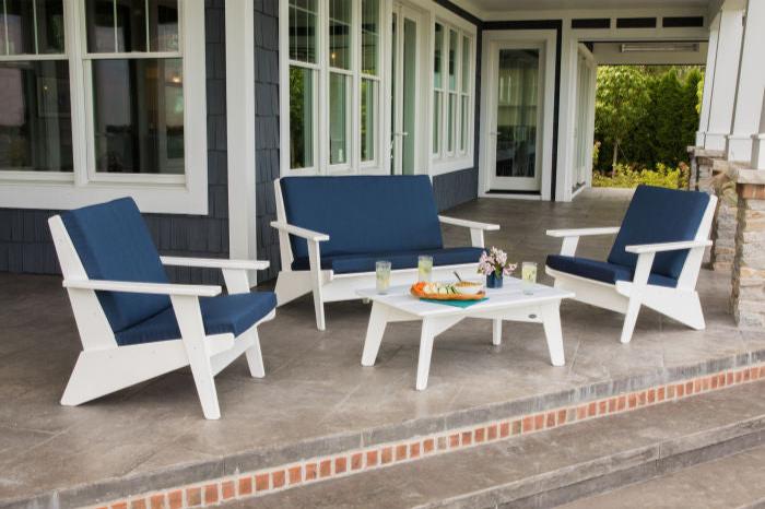 Polywood Rivera Outdoor 4pc Seating Set in White with Indigo Cushions