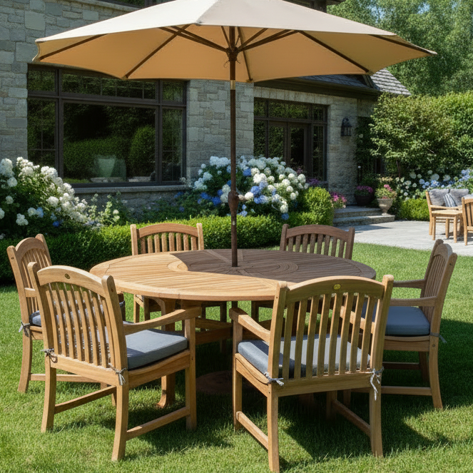 Komodo Teak 7pc Outdoor Dining Set (Teak 70" Round Table w Built-in Lazy Susan with 6 Teak Tista Armchairs +FREE Cushions +FREE Umbrella +FREE Cover)