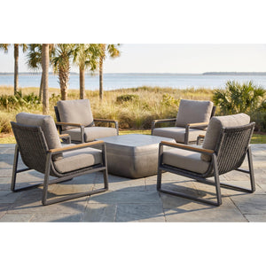 San Clemente 5-piece teak accent chat set — four lounge chairs around the Saratoga cocktail table on a coastal patio — view 1