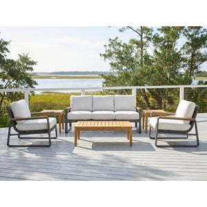 San Clemente 6-piece teak chat set — sofa, two club chairs and free Karimun teak coffee and side tables on a coastal deck — view 1