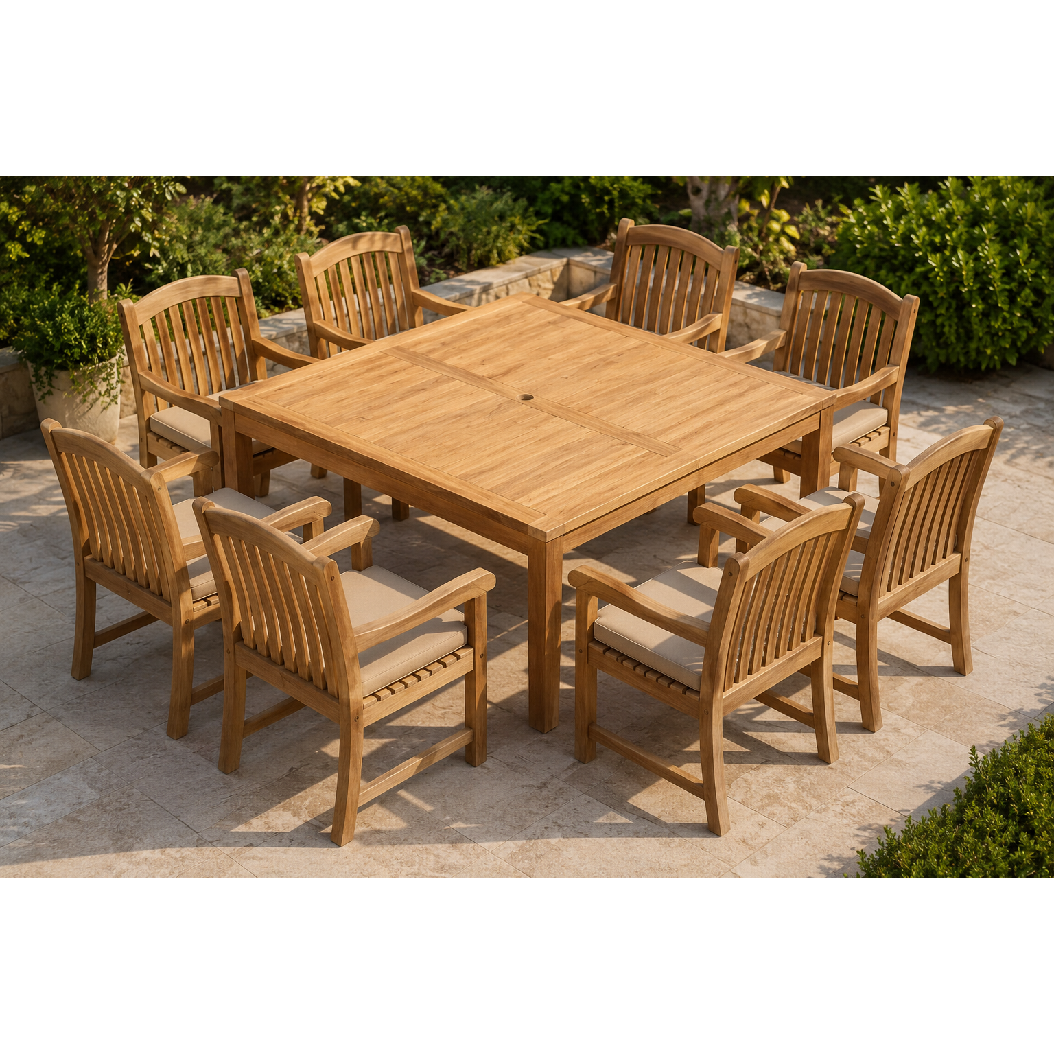 Rinjani Teak 9pc Outdoor Dining Set (Teak 59" Square Table with 8 Tista Teak Armchairs +FREE Cushions +FREE Umbrella +FREE Cover)