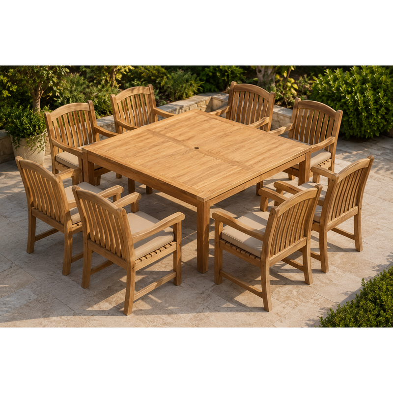 Rinjani Teak 9pc Outdoor Dining Set (Teak 59" Square Table with 8 Tista Teak Armchairs +FREE Cushions +FREE Umbrella +FREE Cover)