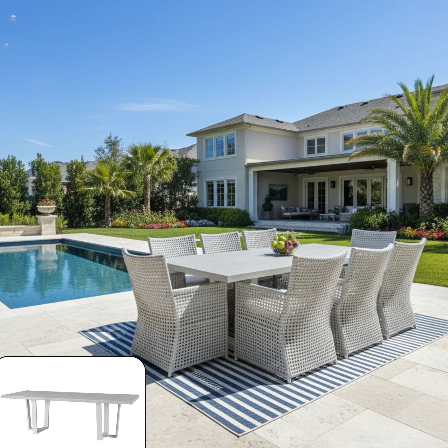 Universal Coastal Living South Beach 9-Pc Outdoor Dining Set (96" Table +8 Dining Chairs w Sunbrella Cushions)