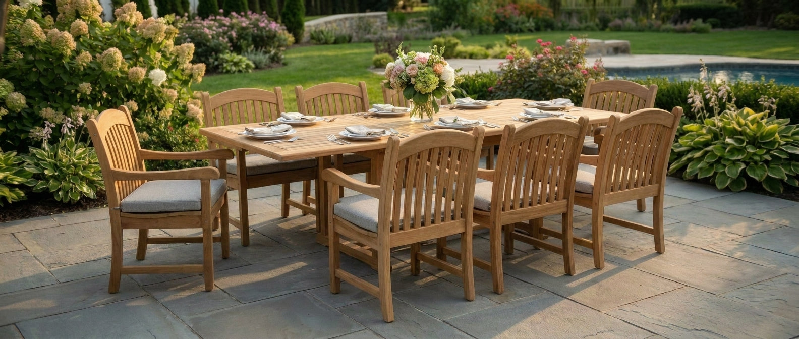 Banquet teak dining set with light gray cushions in a sunlit garden