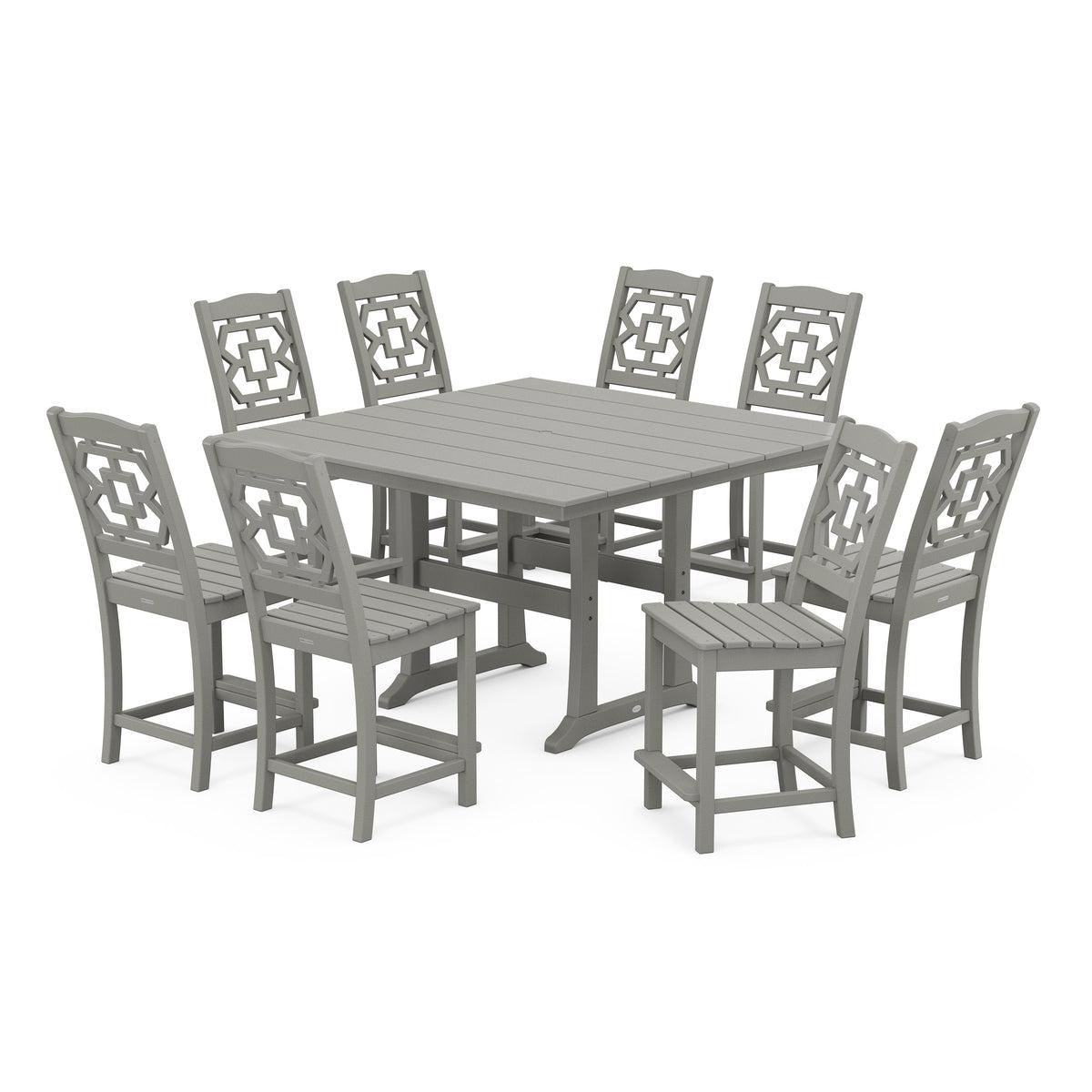 POLYWOOD Outdoor 9-Pc Dining Set (Counter Height Chinoiserie 59"sq table +8 chairs)