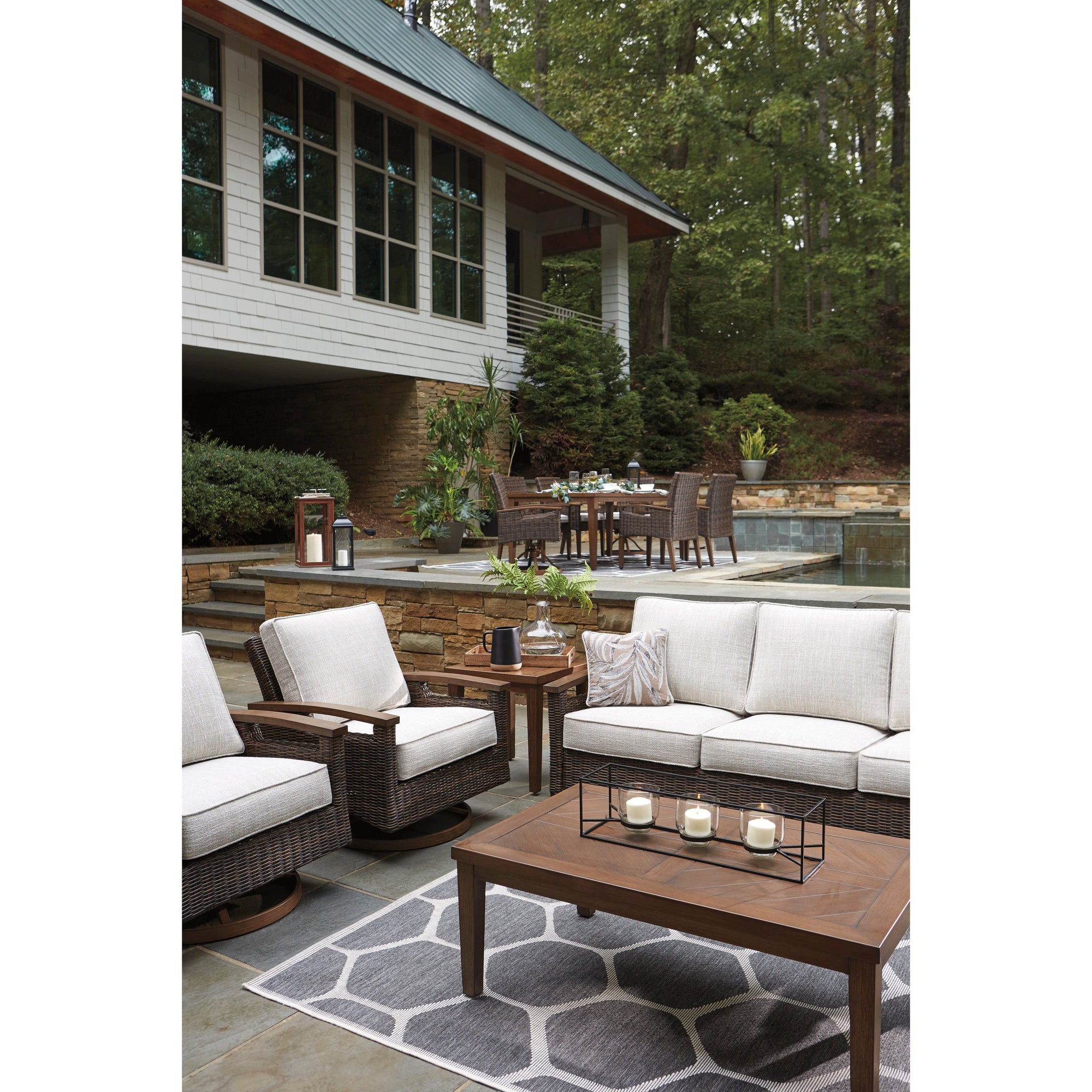 Sea Cliff 4pc Outdoor Seating Set:Sofa + 2 Swivel Rocker Club Chairs + Firepit