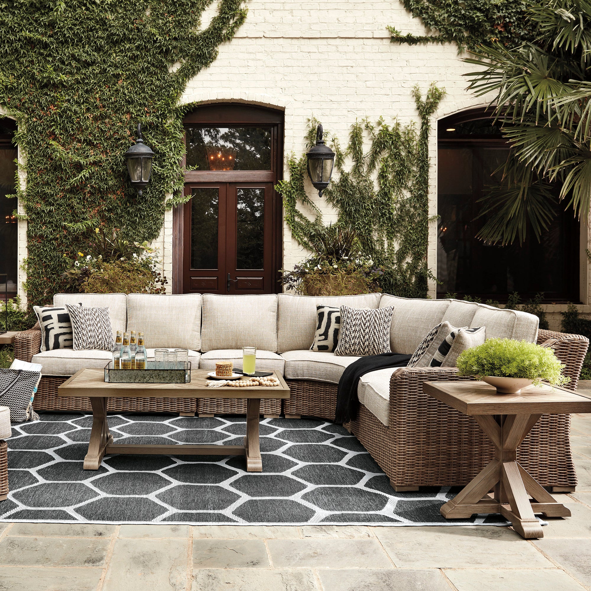 Fire Island Mist 4pc Outdoor Sectional + Firepit Set