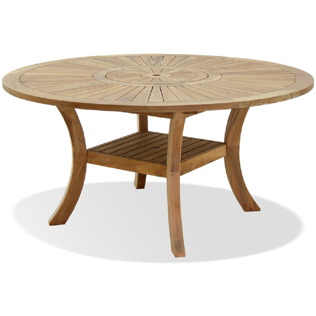 Komodo Teak 7pc Outdoor Dining Set (Teak 70&quot; Round Table w Built-in Lazy Susan with 6 Teak Folding Yacht Armchairs)