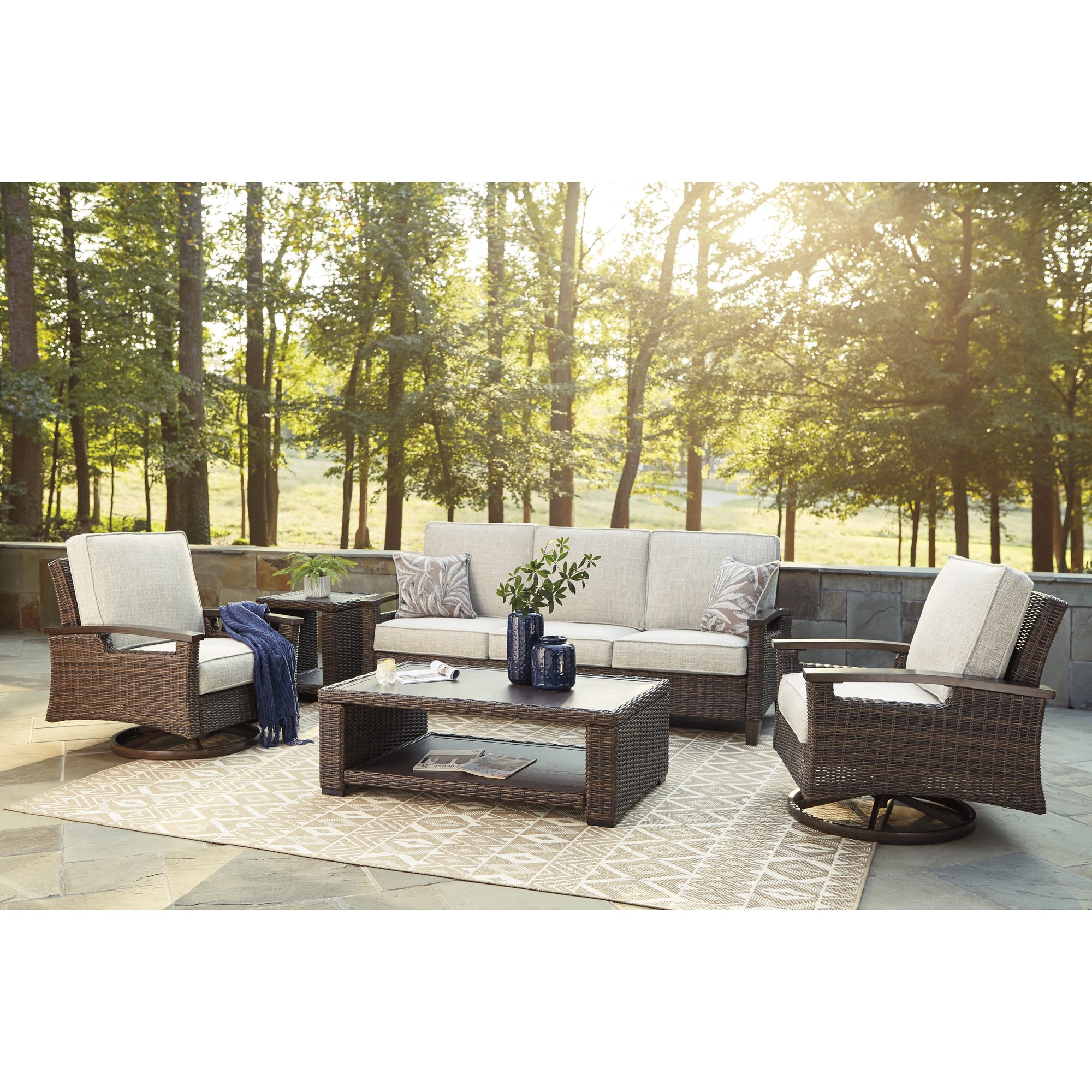 Sea Cliff 4pc Outdoor Seating Set:Sofa + 2 Swivel Rocker Club Chairs + Firepit