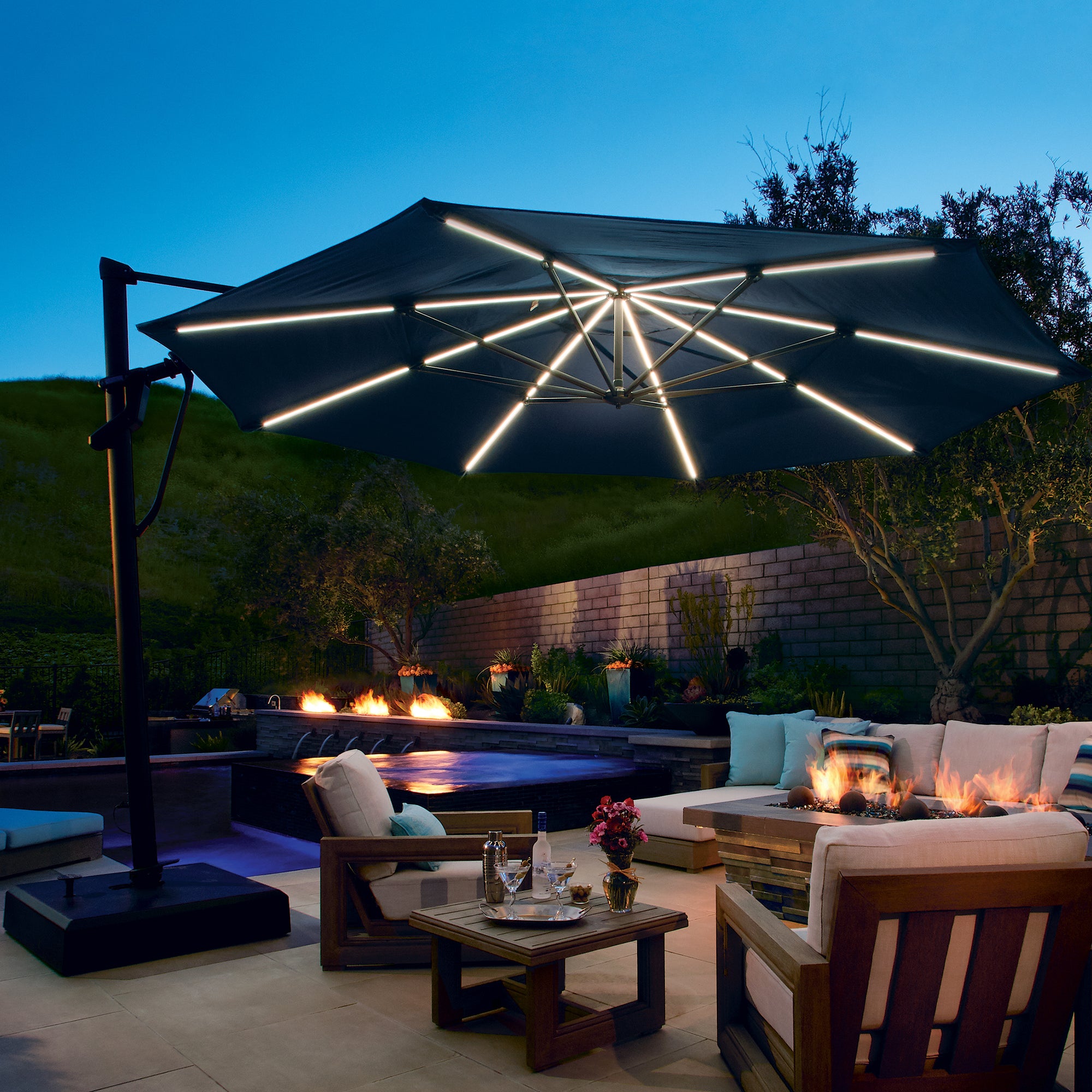 Treasure Garden 13-ft Outdoor Patio Umbrella with Lux Lighting, Octagonal Cantilever with Fixed or Rolling Base