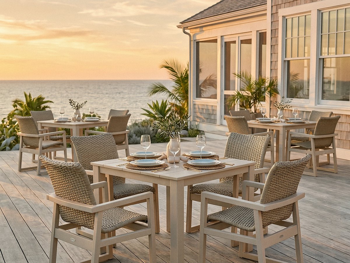 POLYWOOD EDGE Woven dining chairs in a black frame with dune grass weave, at a set table